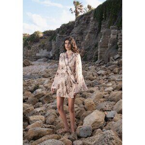 Sabina Musayev Caroline Mini Dress Silk Chiffon Flare Bell Long Sleeve Open Back